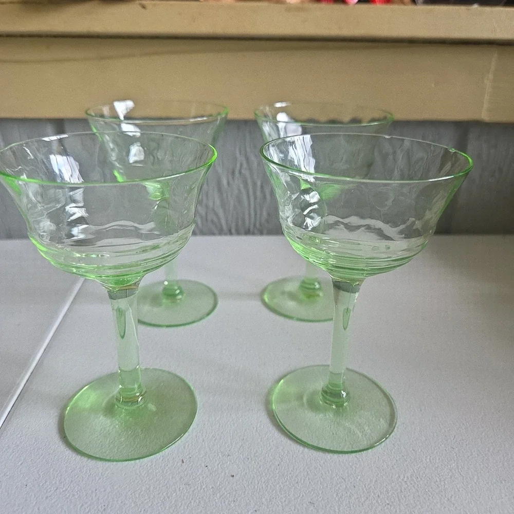 Vintage Uranium Small Stem Glass Green Hue Collectible Glassware Set Of 4